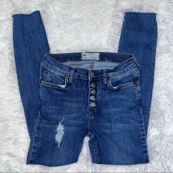 FREE PEOPLE Distressed Button Fly Blue Denim Skinny Jeans 26 - Picture 2 of 15